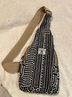 Himalaya Hemp Black & White Patterned Crossbody Sling Bag with Tan Strap